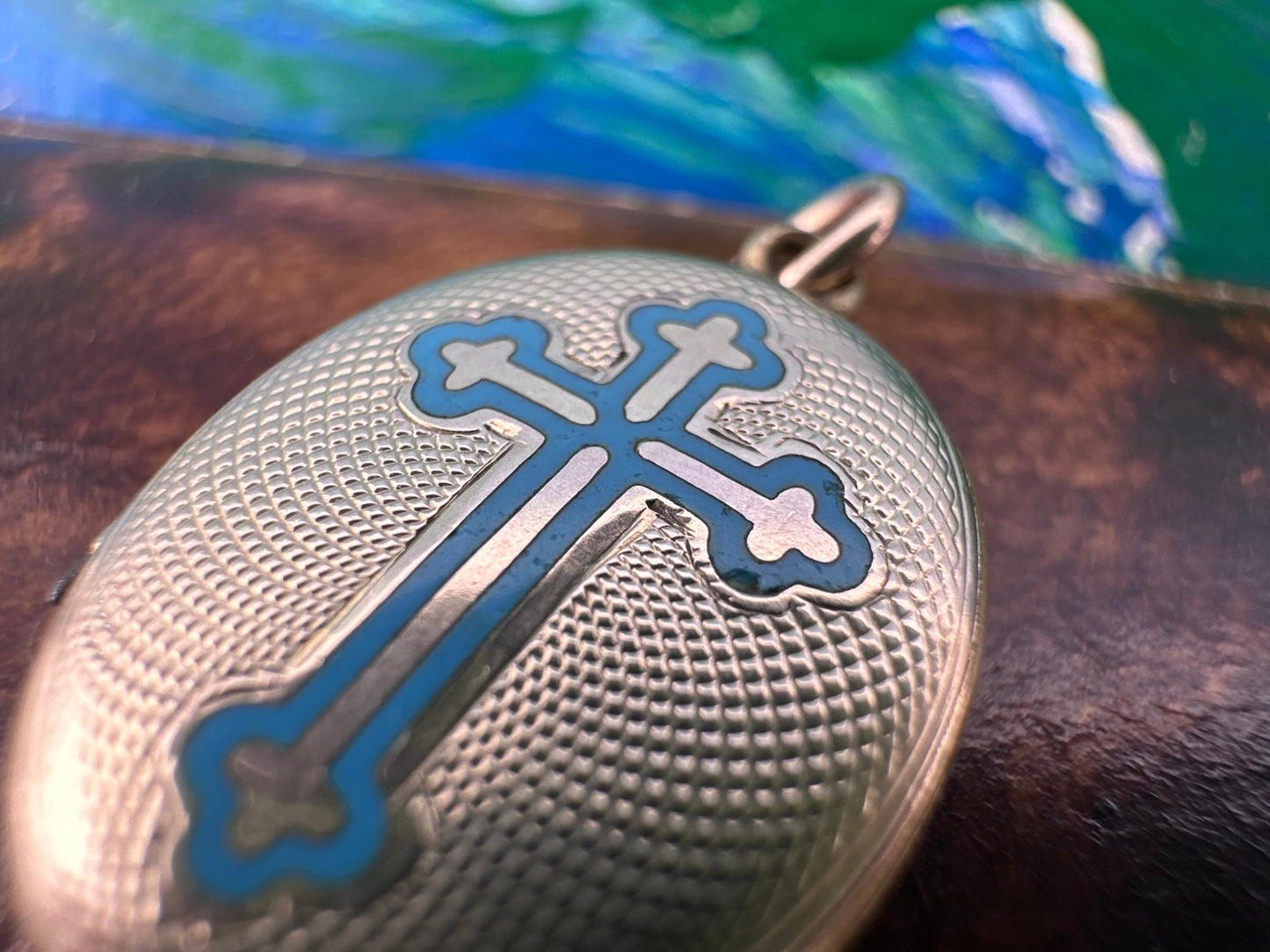 Antique 9ct Gold front and back Blue Enamel cross locket.