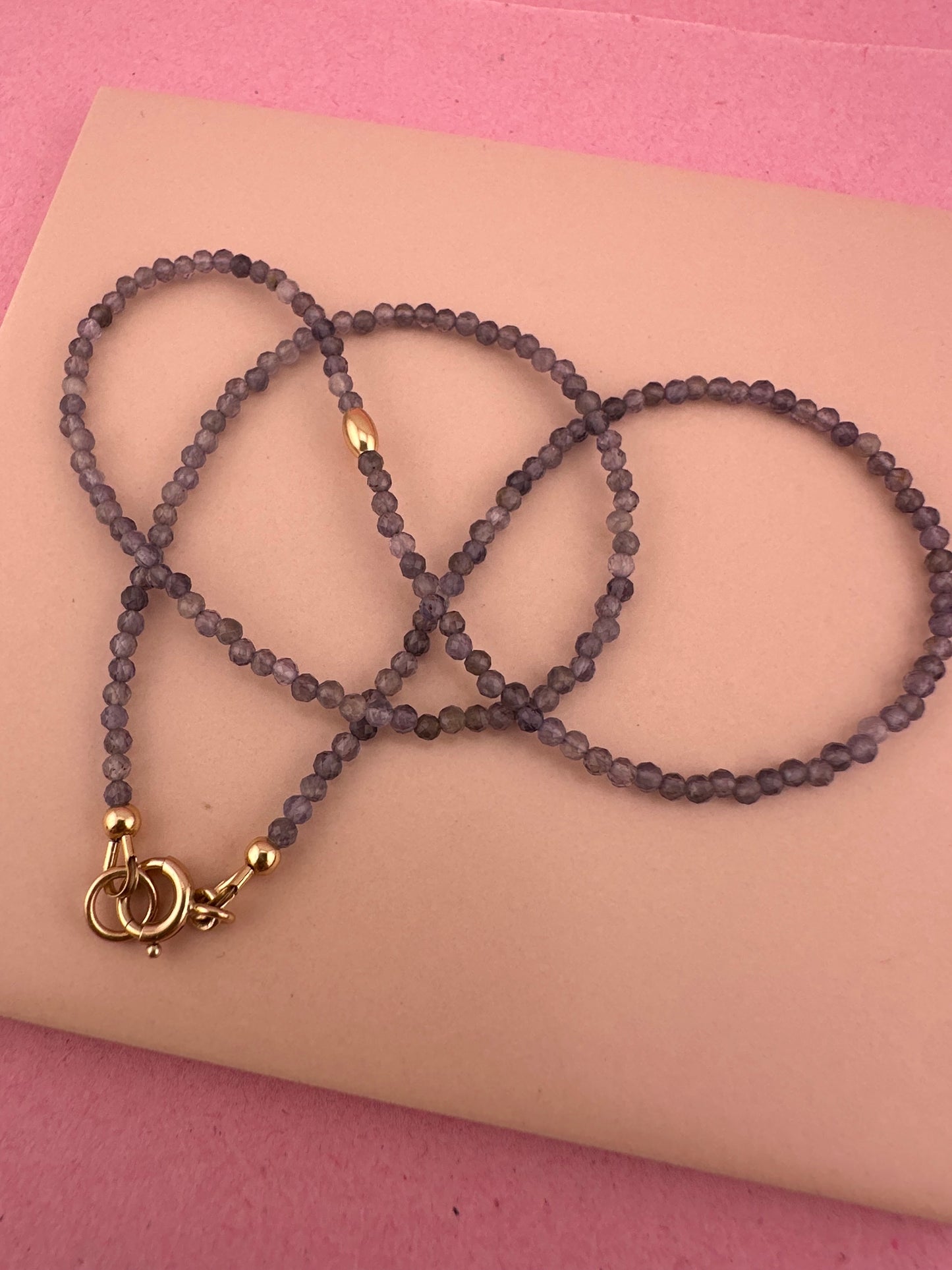 Iolite mini beaded necklace with 9ct Gold Antique Bolt clasp