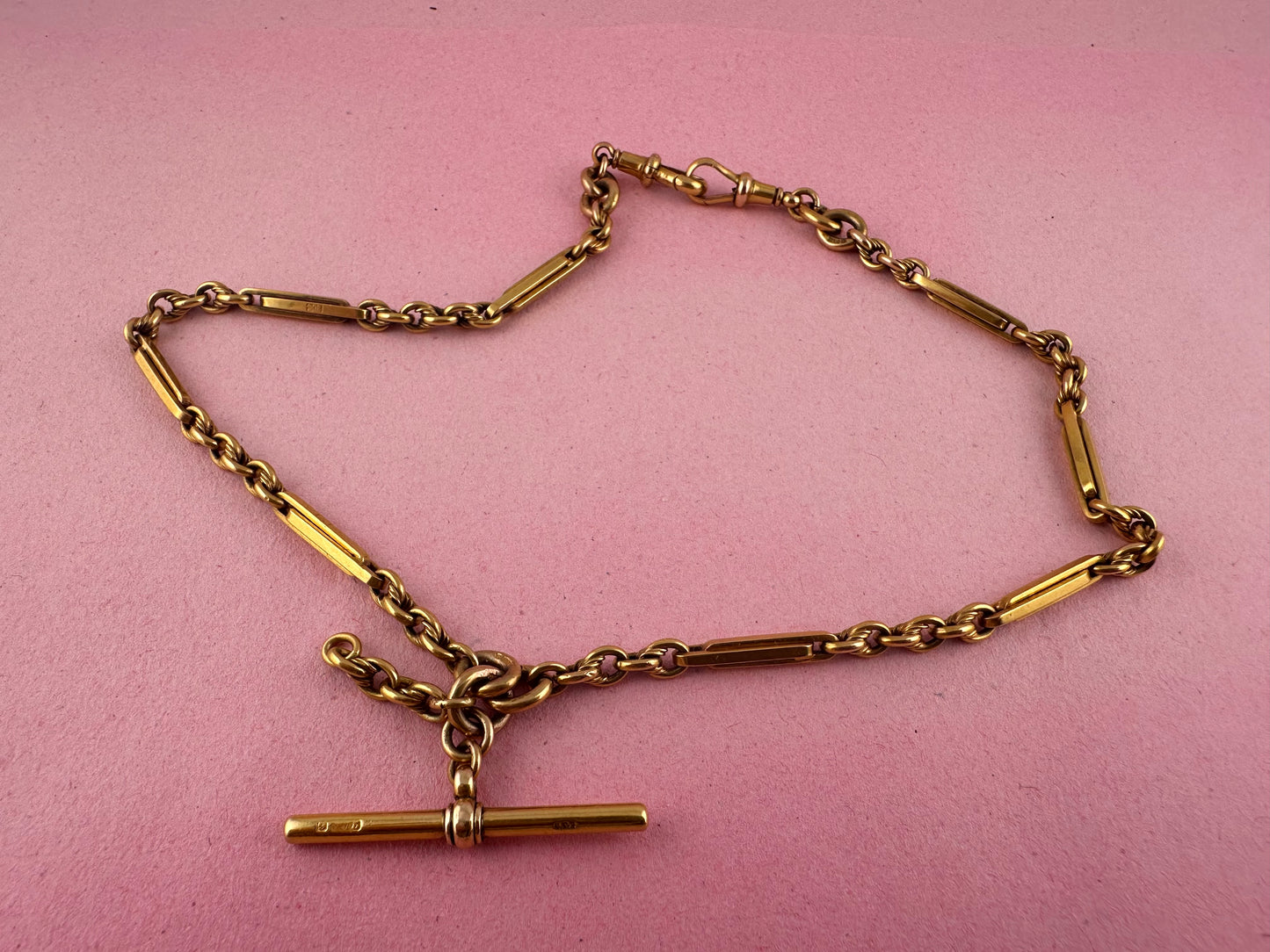 Antique 9ct Yellow Gold Trombone & Lovers Knot Albert chain with double dog clips