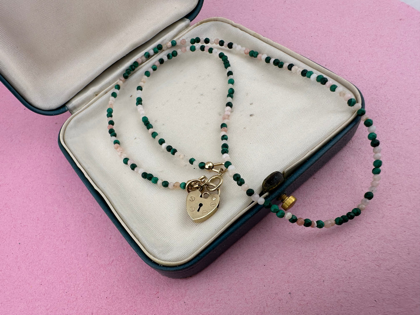 Peony- Pink Opal and Malachite mini bead necklace with vintage heart padlock