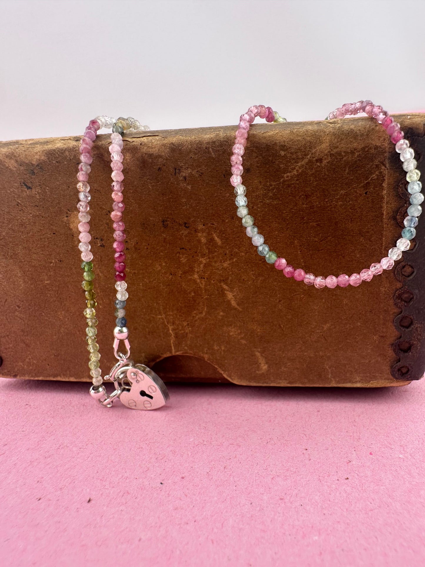 Ombré Tourmaline Mini Beaded necklace with Vintage Sterling Silver Heart Padlock