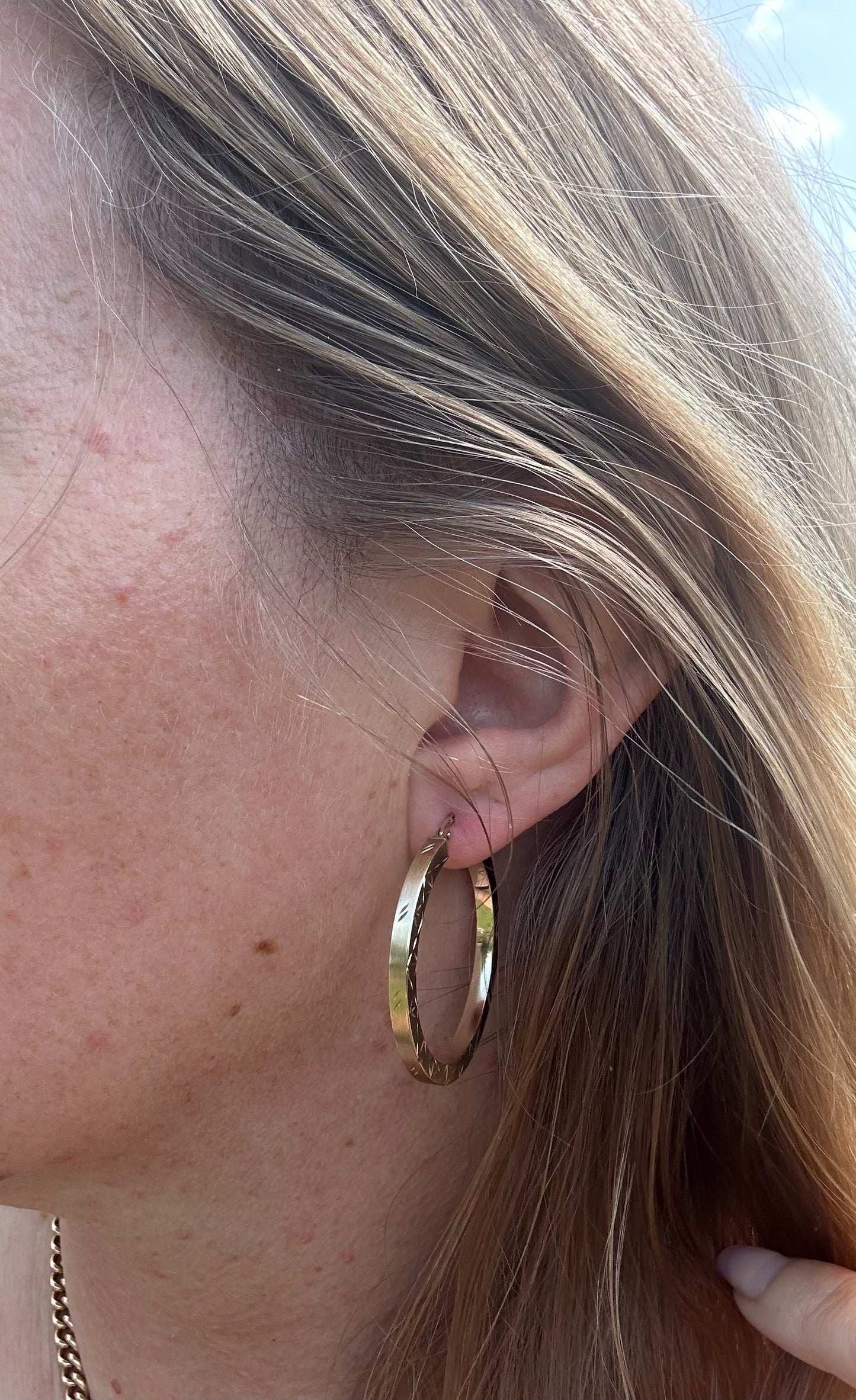 14ct Brushed Gold with star etched pattern hoops