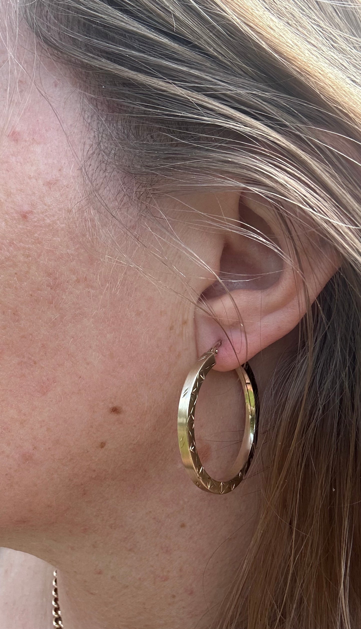 14ct Brushed Gold with star etched pattern hoops