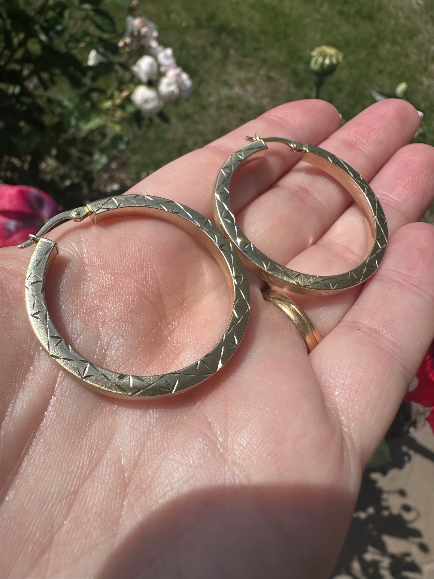 14ct Brushed Gold with star etched pattern hoops
