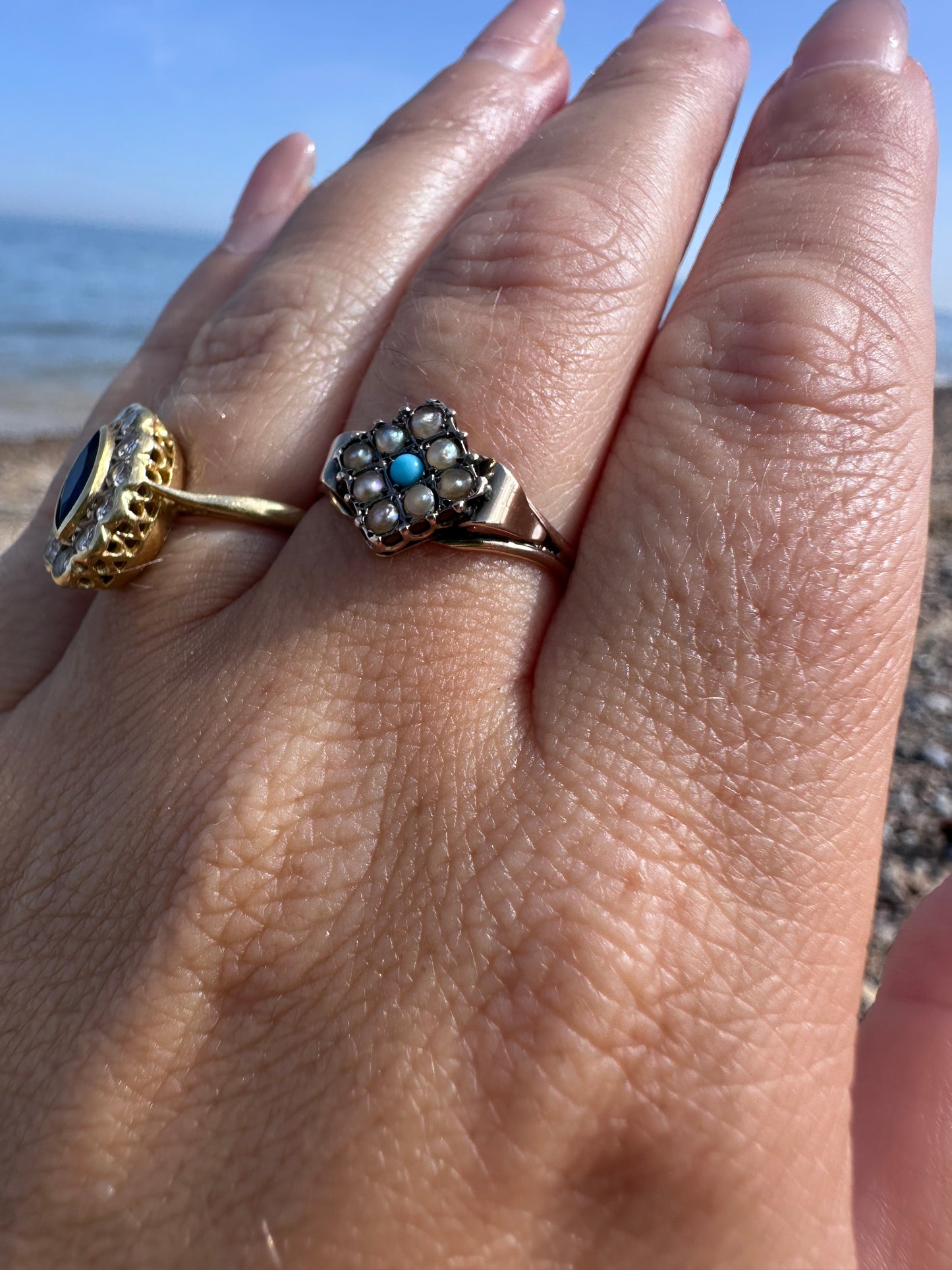Antique 9ct Gold seed Pearl & Turquoise Ring
