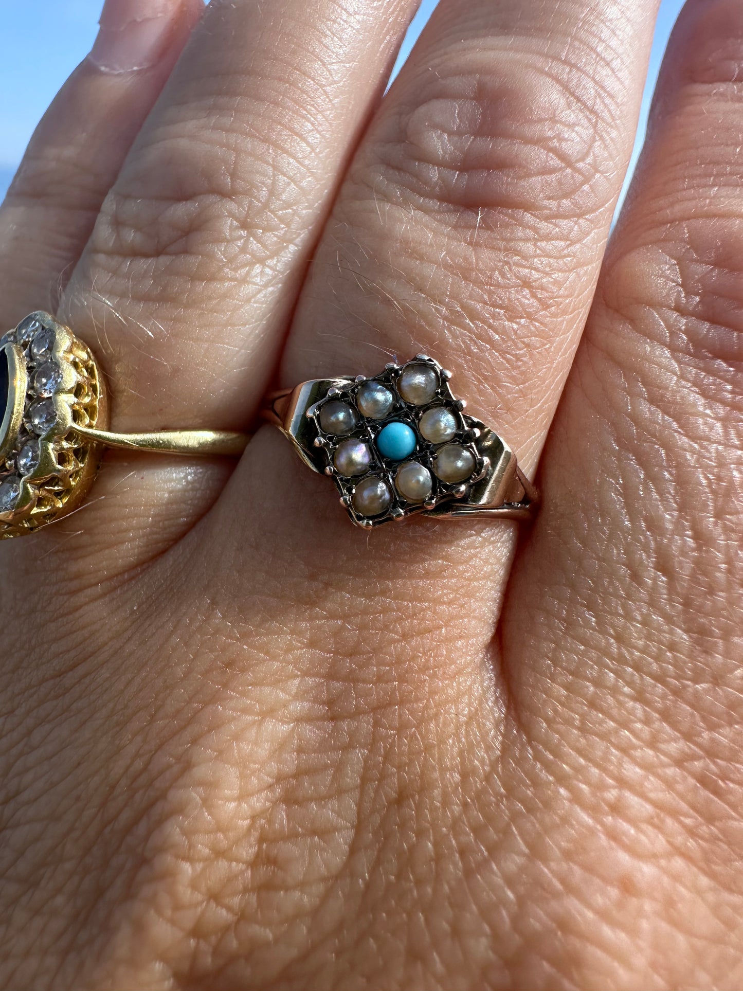 Antique 9ct Gold seed Pearl & Turquoise Ring