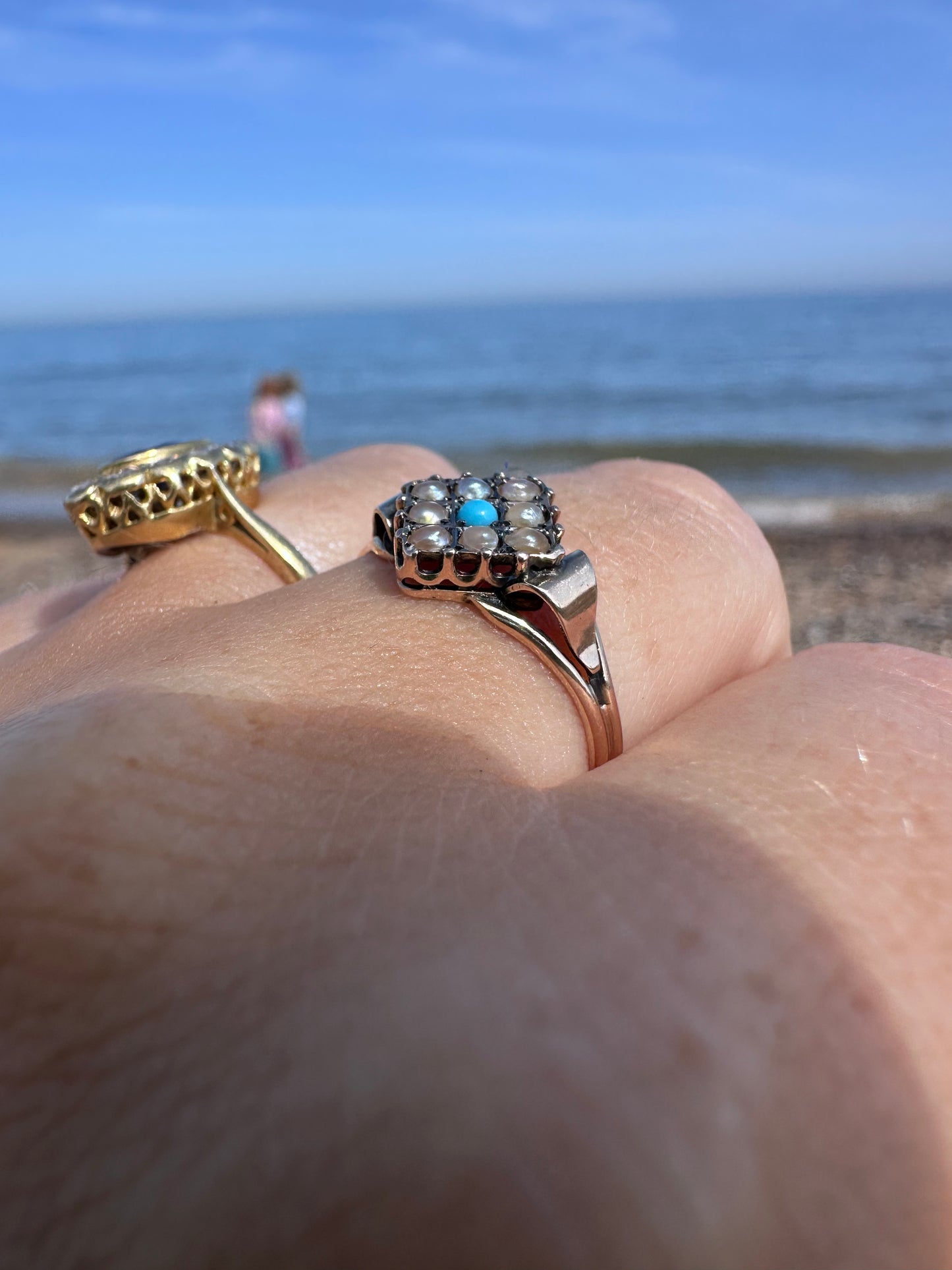 Antique 9ct Gold seed Pearl & Turquoise Ring