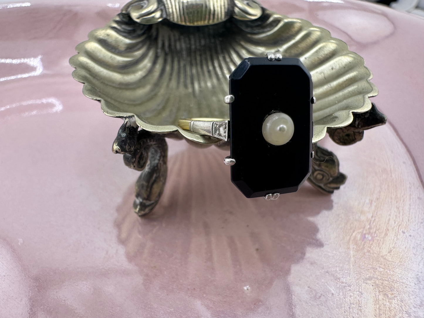 14ct Onyx, Pearl & Rose cut diamond Ring