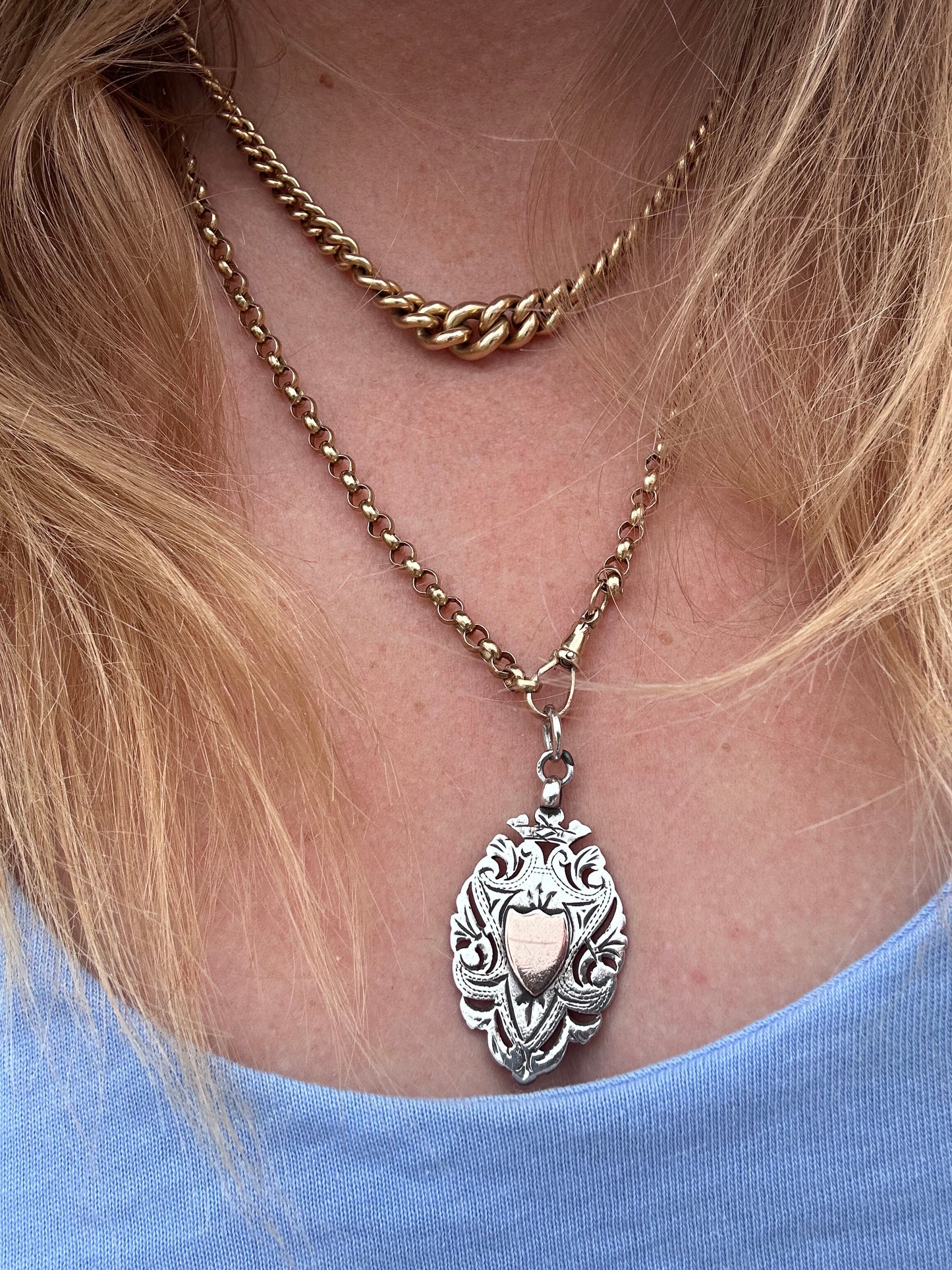 Antique Sterling silver Shield fob with rose gold centre