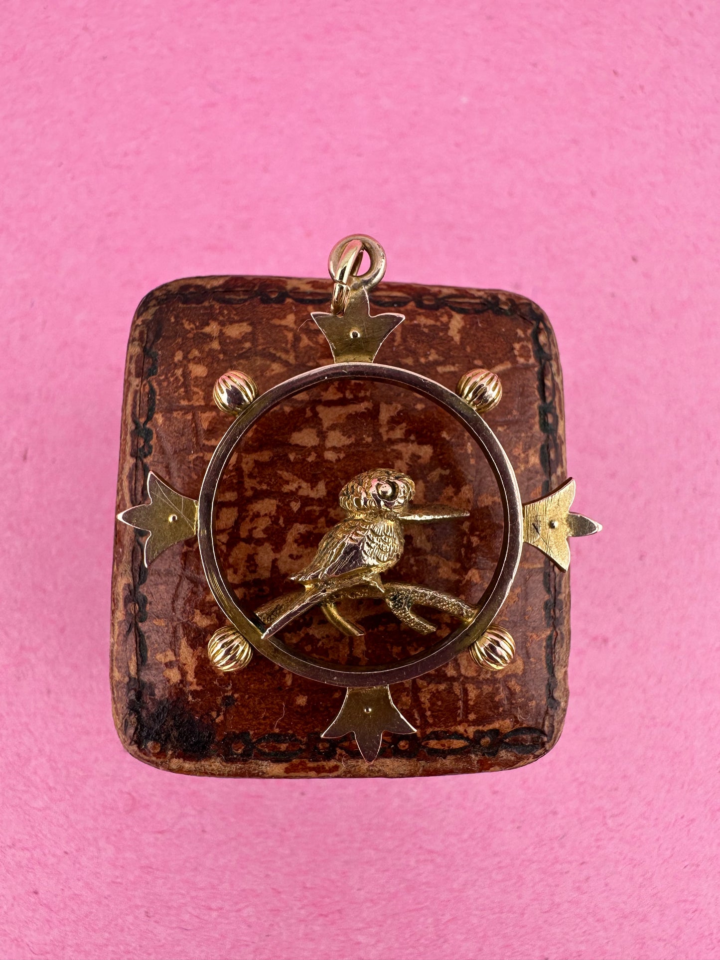 Antique 9ct Gold Kookaburra Pendant with Ruby eye and seed pearl accents