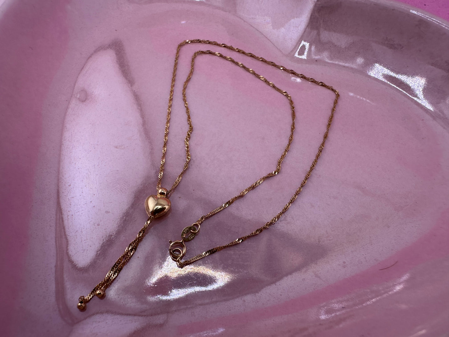 Vintage 9ct Gold Loose Rope chain with heart tassel slider.