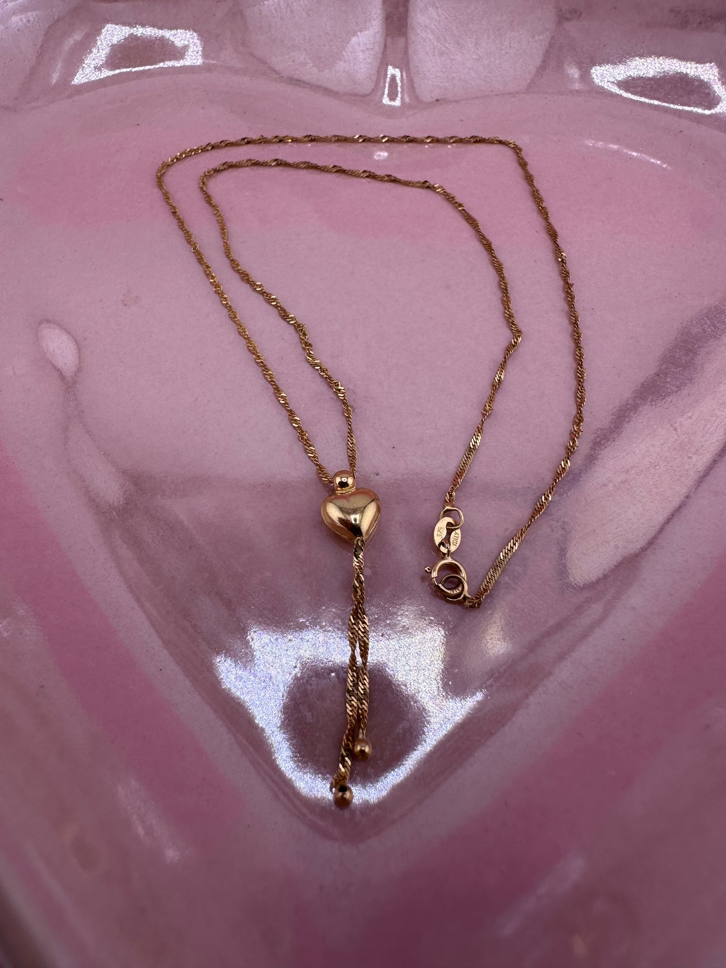 Vintage 9ct Gold Loose Rope chain with heart tassel slider.