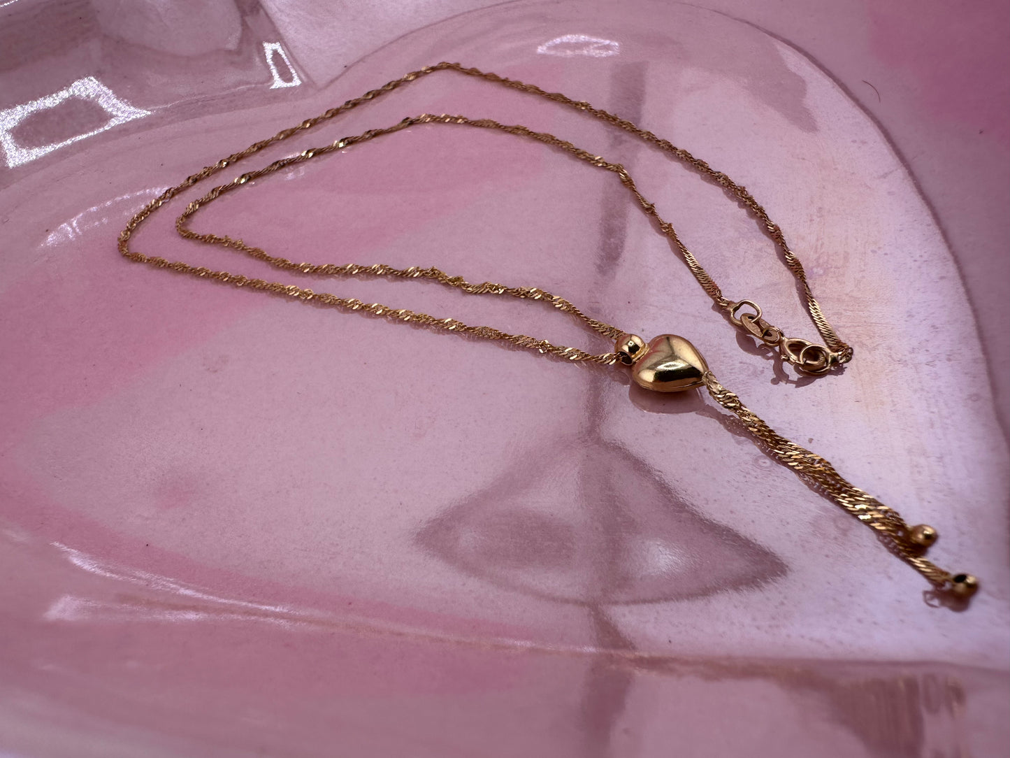 Vintage 9ct Gold Loose Rope chain with heart tassel slider.