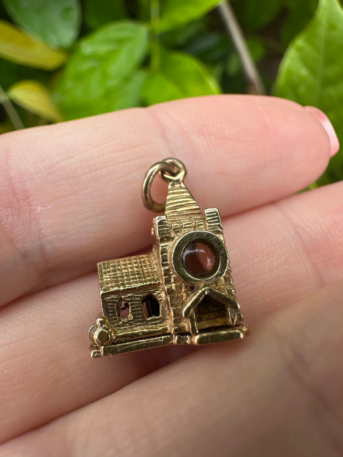 Vintage 9ct Gold Articulated Church Charm with enamelled bride, groom, vicar and Stanhope lense