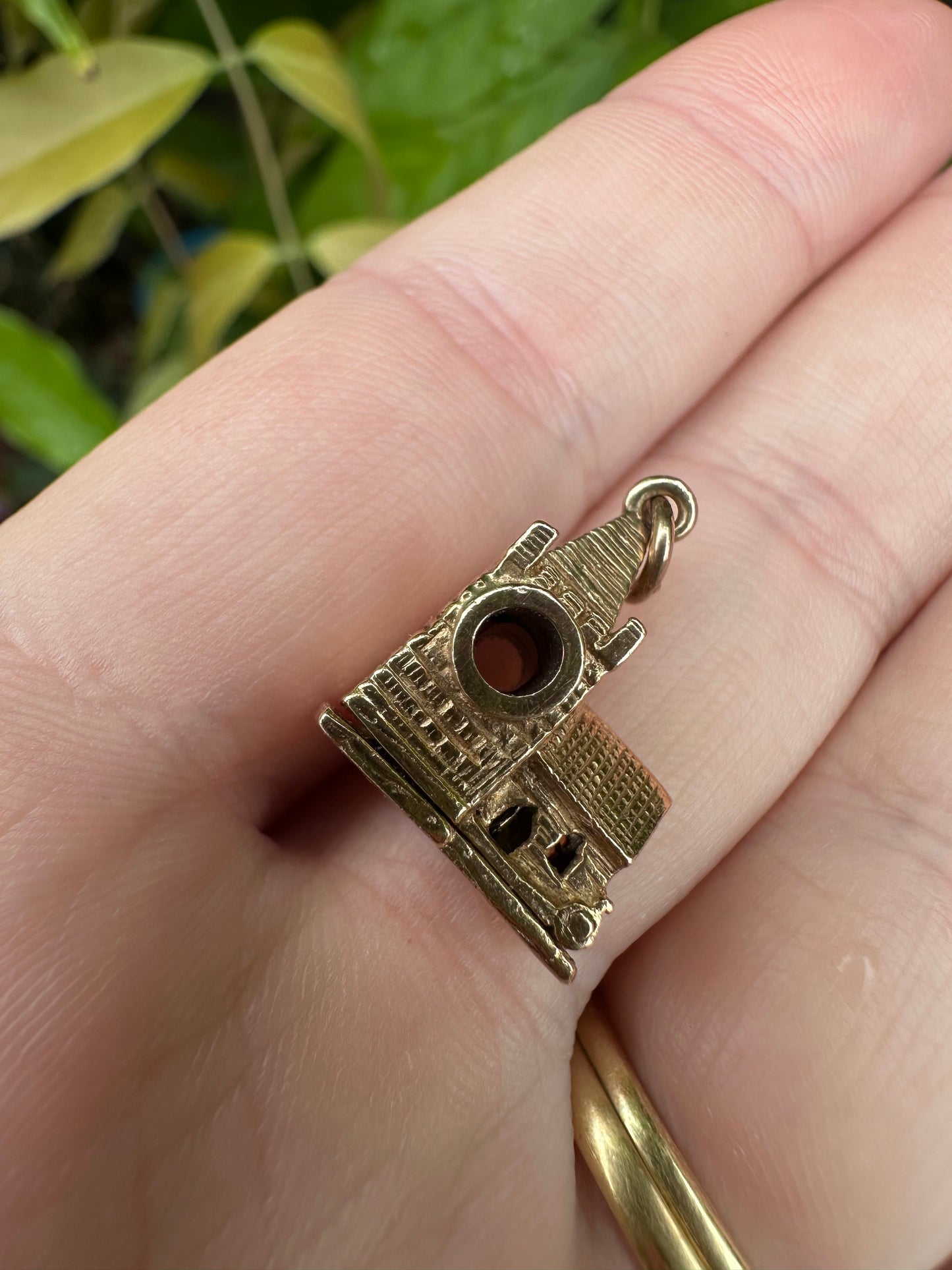 Vintage 9ct Gold Articulated Church Charm with enamelled bride, groom, vicar and Stanhope lense