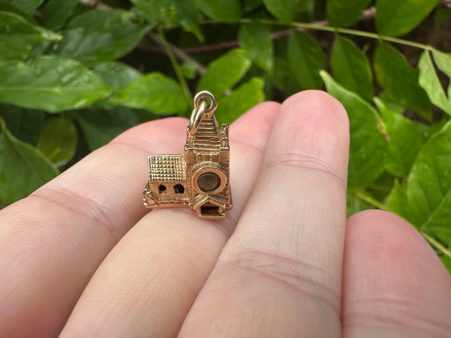 Vintage 9ct Gold Articulated Church Charm with enamelled bride, groom, vicar and Stanhope lense