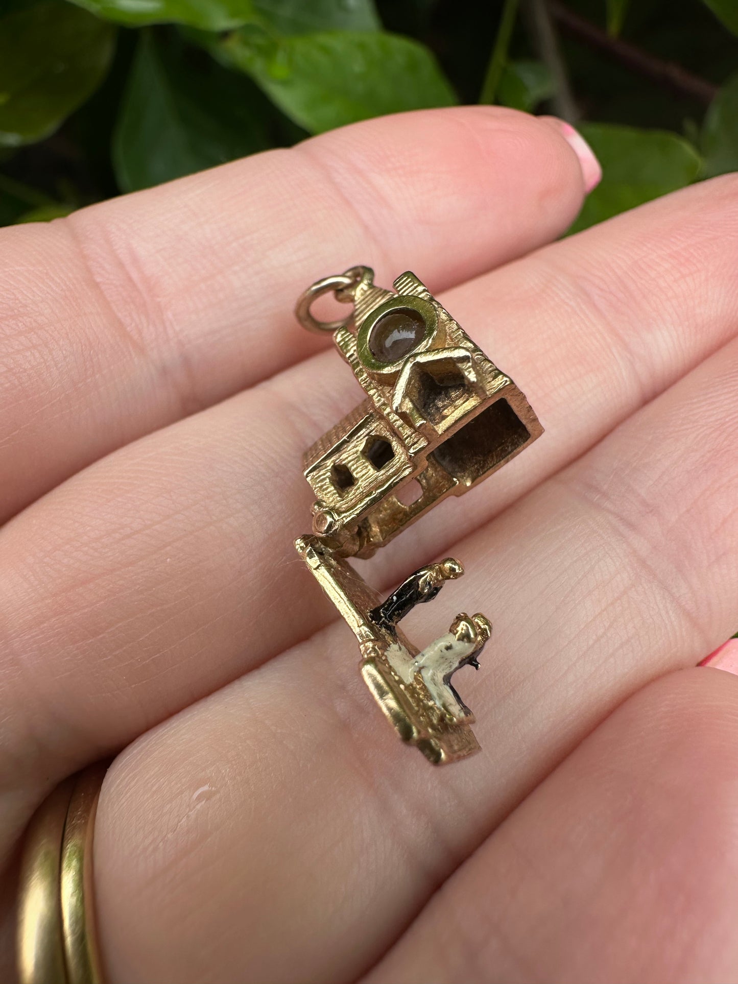 Vintage 9ct Gold Articulated Church Charm with enamelled bride, groom, vicar and Stanhope lense