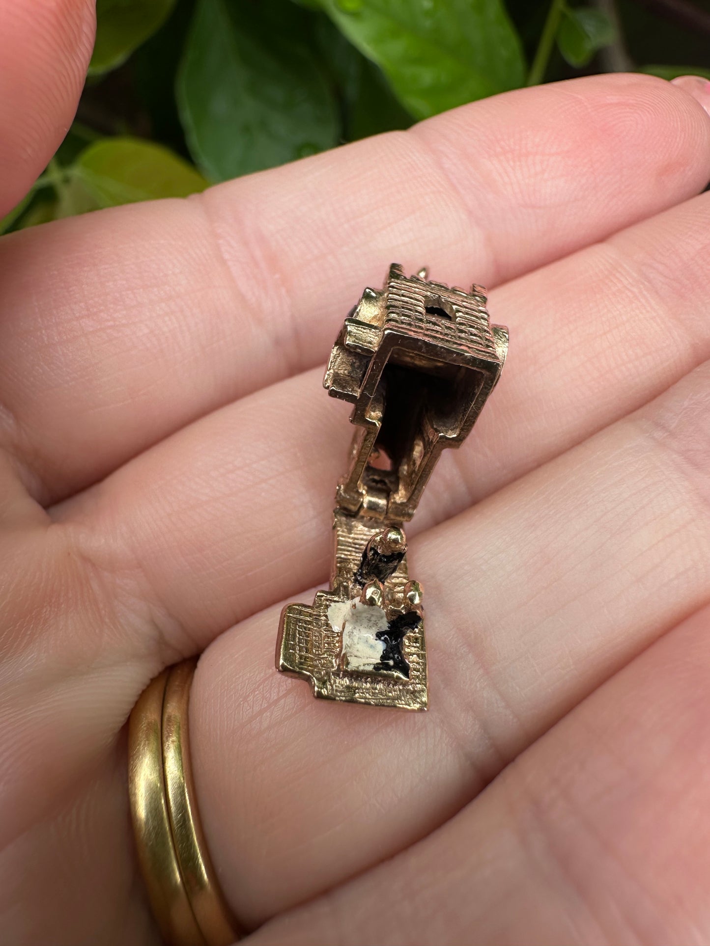 Vintage 9ct Gold Articulated Church Charm with enamelled bride, groom, vicar and Stanhope lense