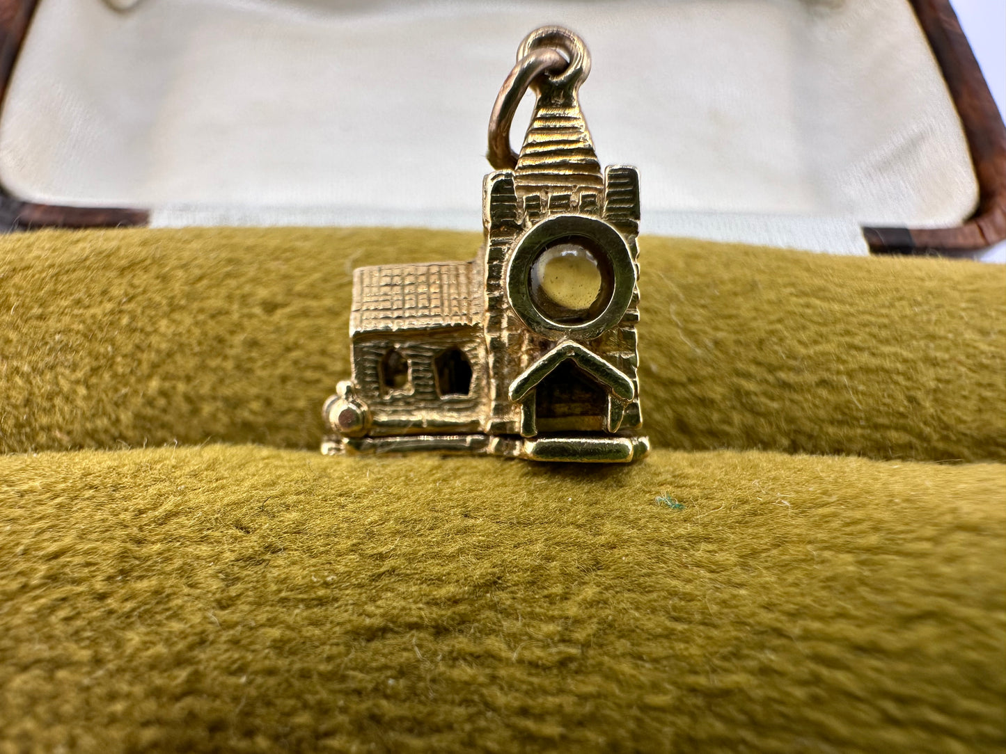 Vintage 9ct Gold Articulated Church Charm with enamelled bride, groom, vicar and Stanhope lense
