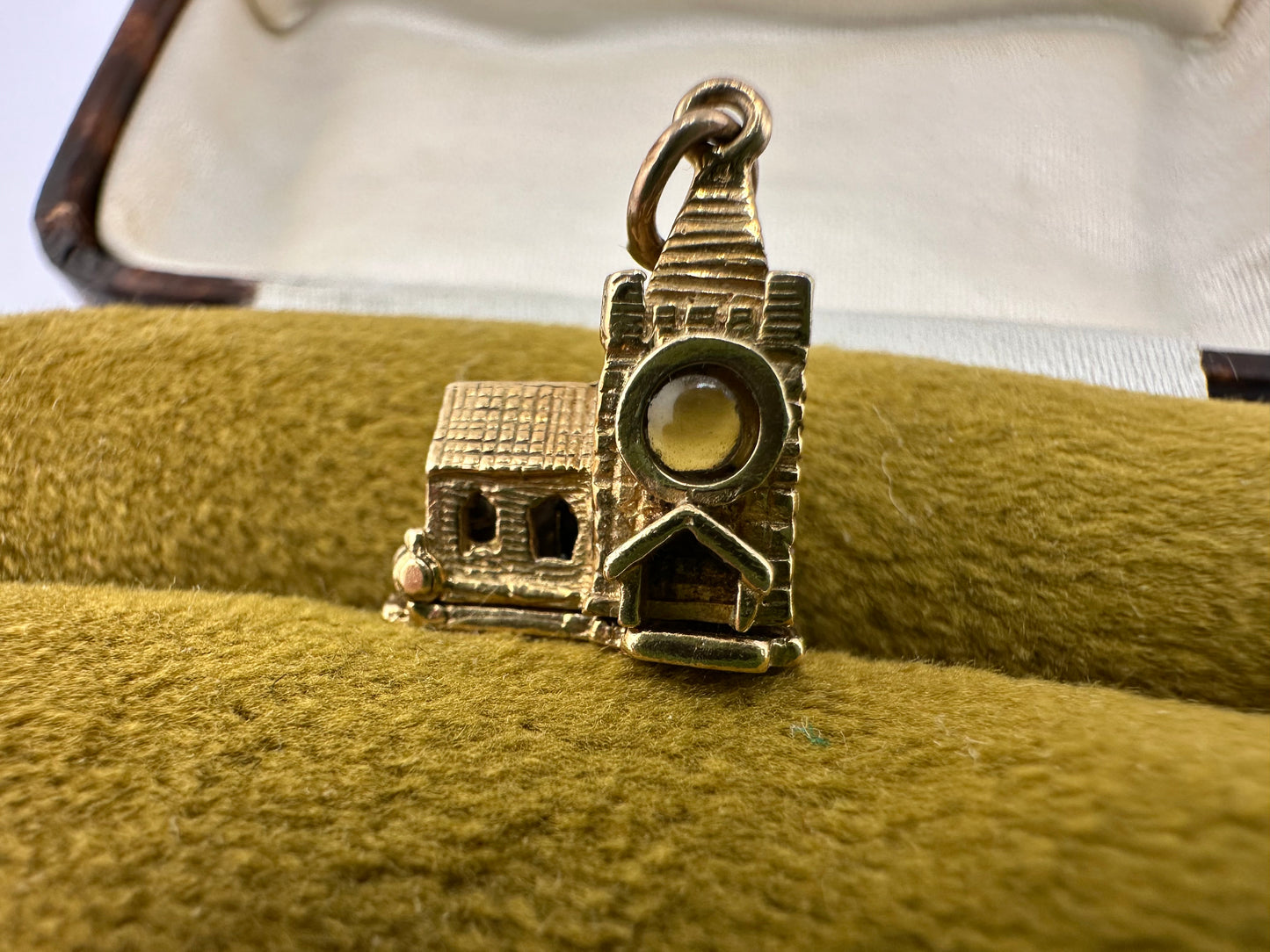 Vintage 9ct Gold Articulated Church Charm with enamelled bride, groom, vicar and Stanhope lense