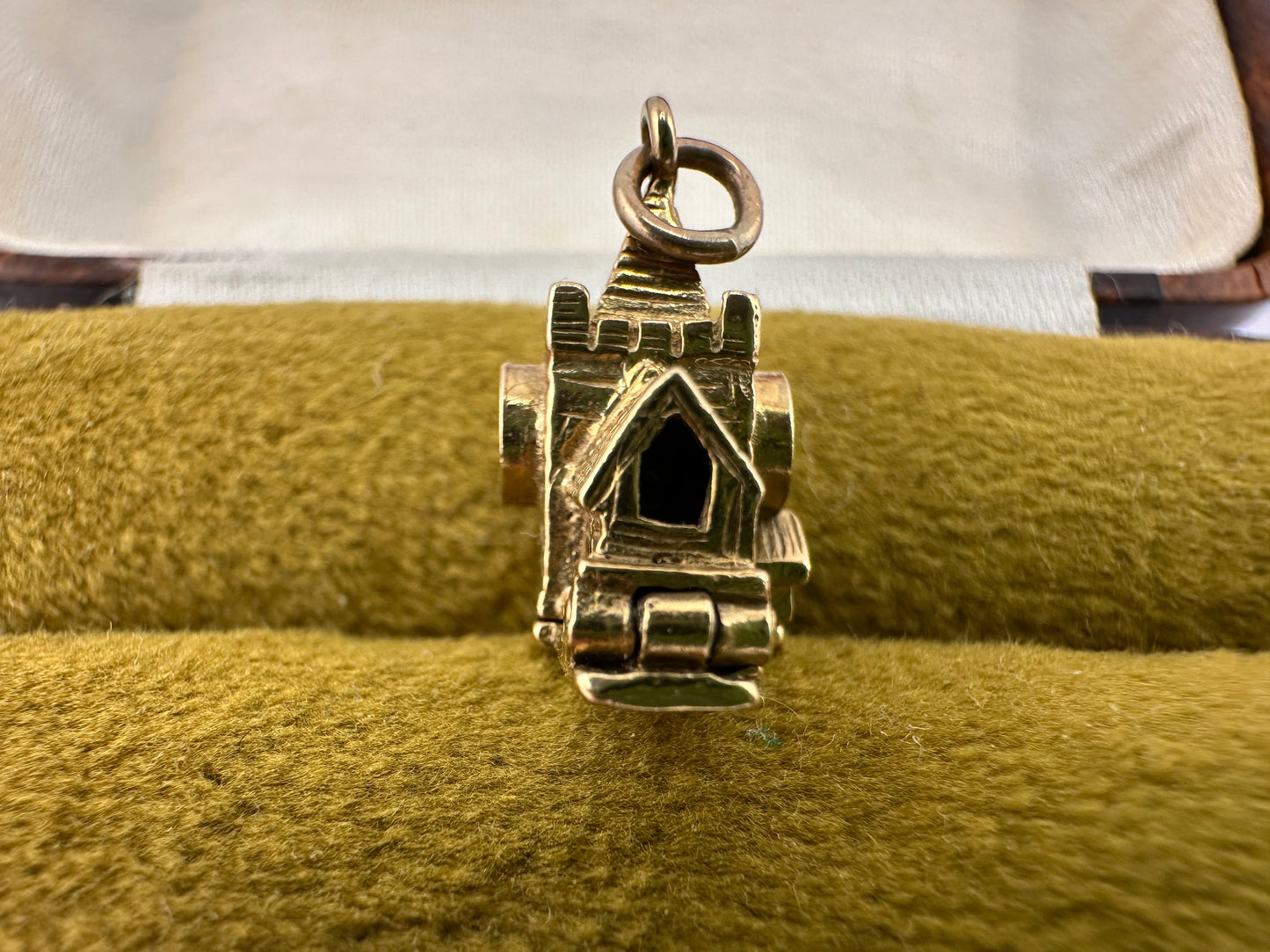 Vintage 9ct Gold Articulated Church Charm with enamelled bride, groom, vicar and Stanhope lense