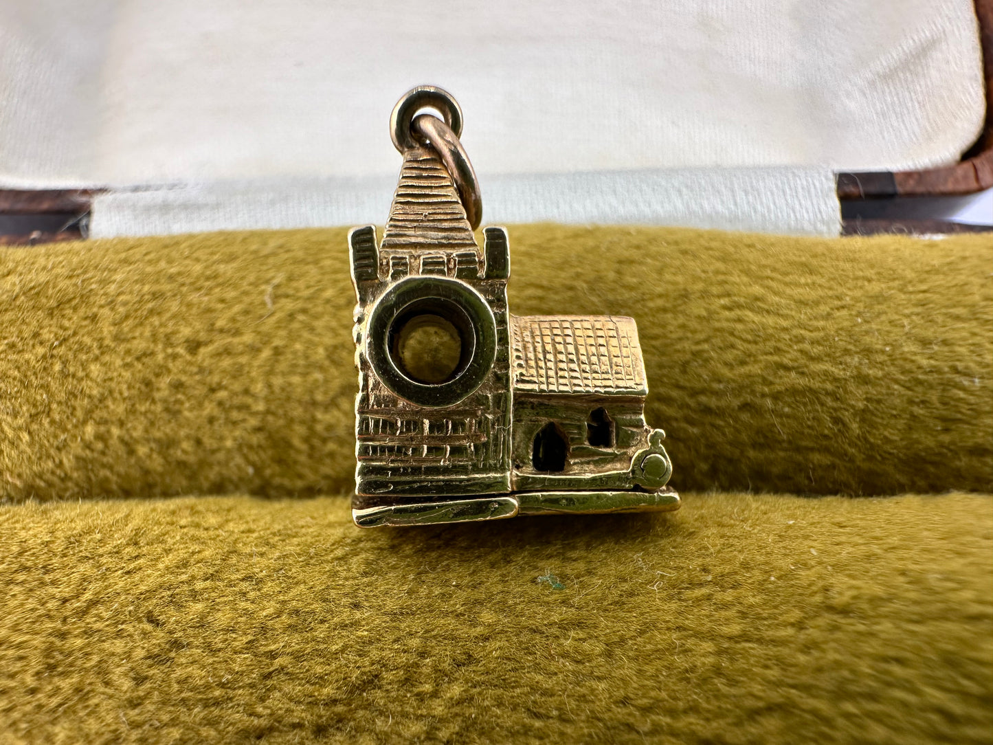 Vintage 9ct Gold Articulated Church Charm with enamelled bride, groom, vicar and Stanhope lense