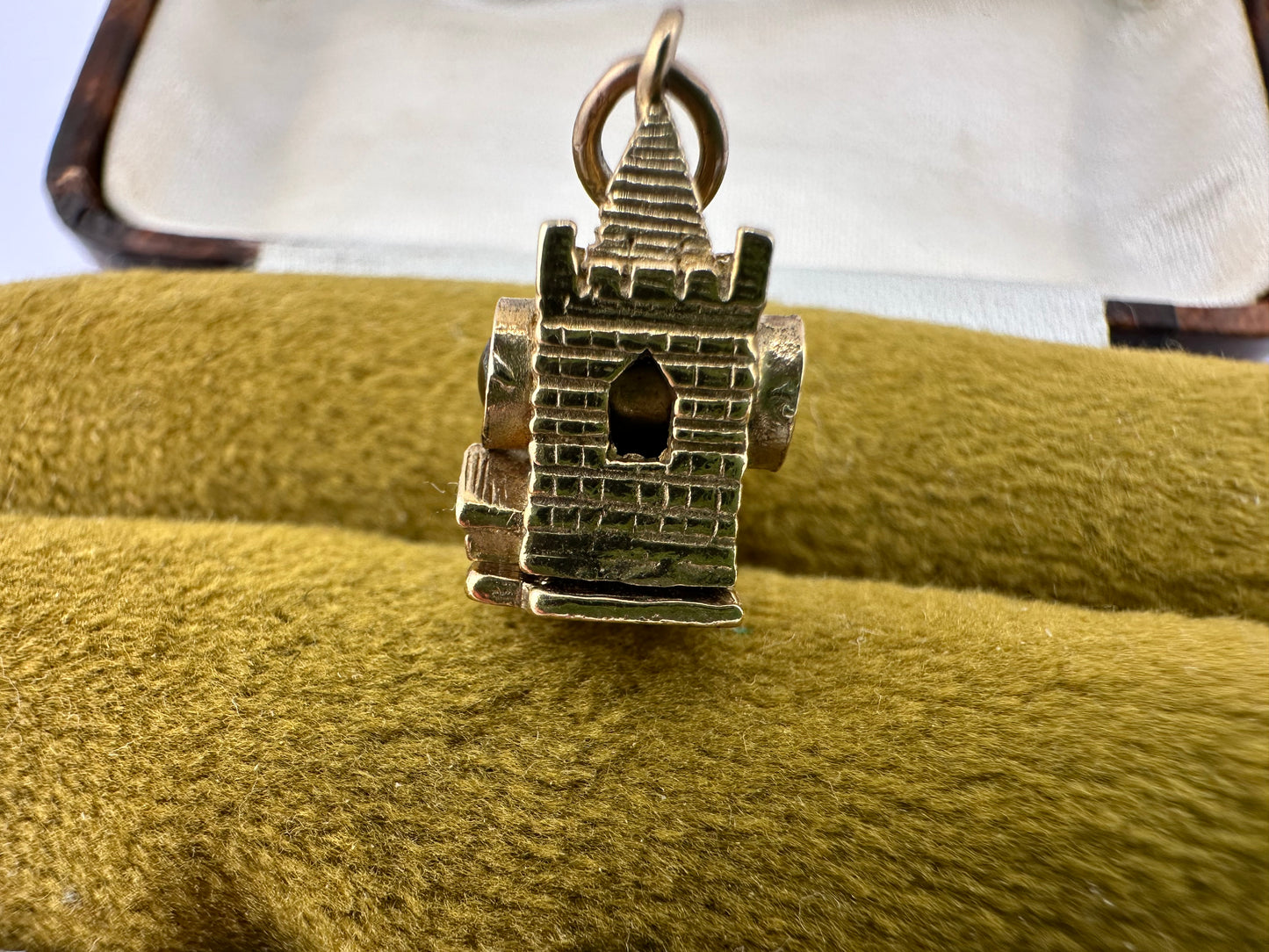 Vintage 9ct Gold Articulated Church Charm with enamelled bride, groom, vicar and Stanhope lense