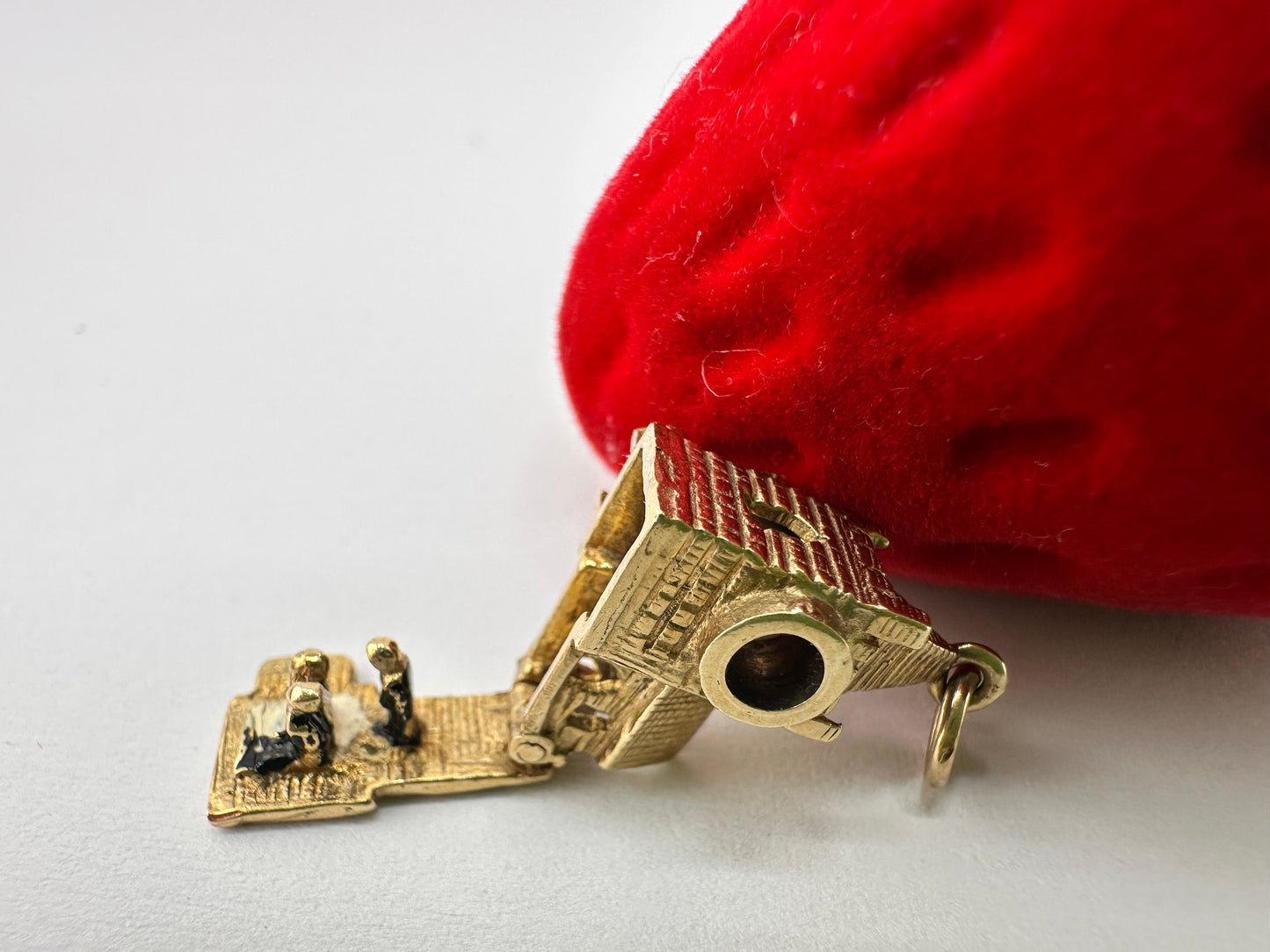 Vintage 9ct Gold Articulated Church Charm with enamelled bride, groom, vicar and Stanhope lense