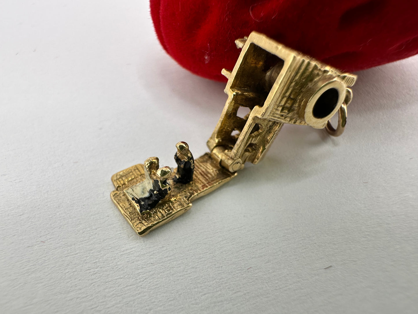 Vintage 9ct Gold Articulated Church Charm with enamelled bride, groom, vicar and Stanhope lense