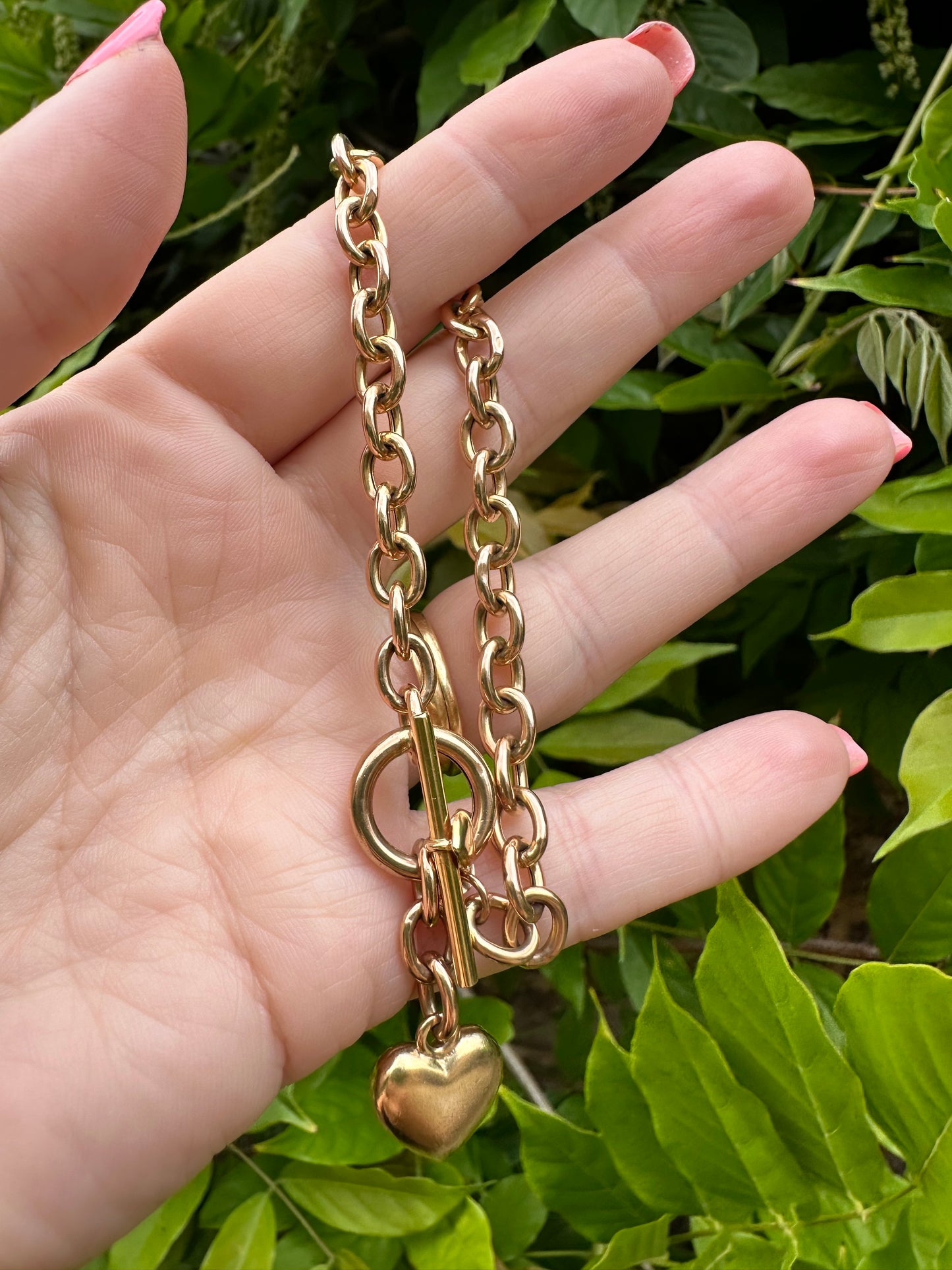 Vintage 9ct Gold Cable bracelet with heart toggle and heart t-bar