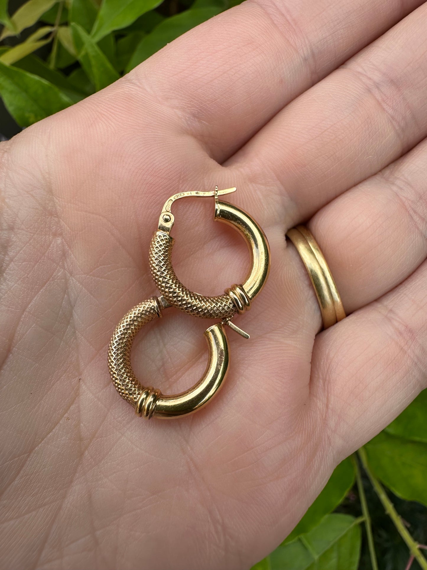 9ct Gold UnoAerre Small Round Hoops, half textured, half polished