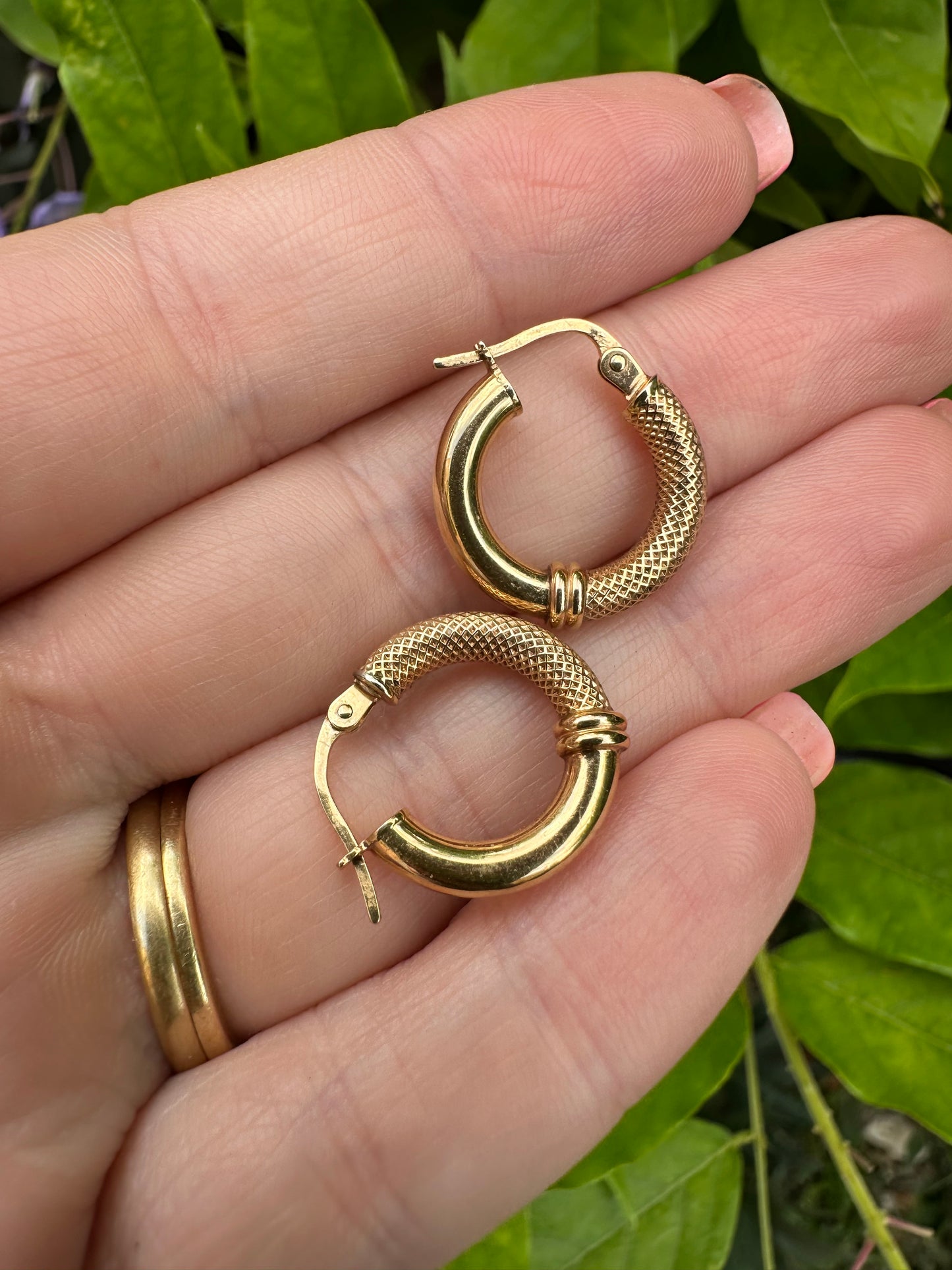 9ct Gold UnoAerre Small Round Hoops, half textured, half polished