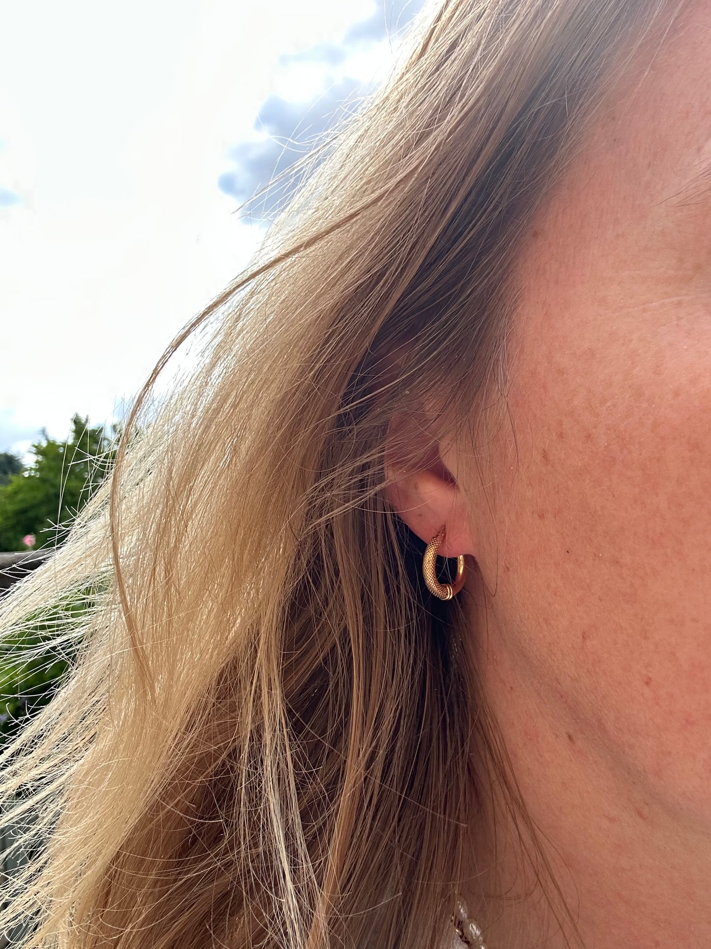 9ct Gold UnoAerre Small Round Hoops, half textured, half polished
