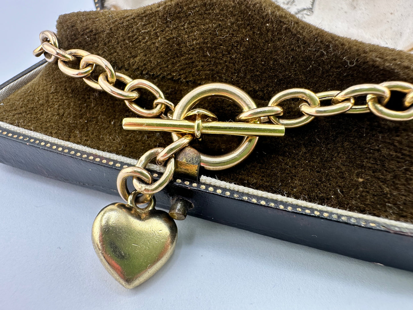 Vintage 9ct Gold Cable bracelet with heart toggle and heart t-bar