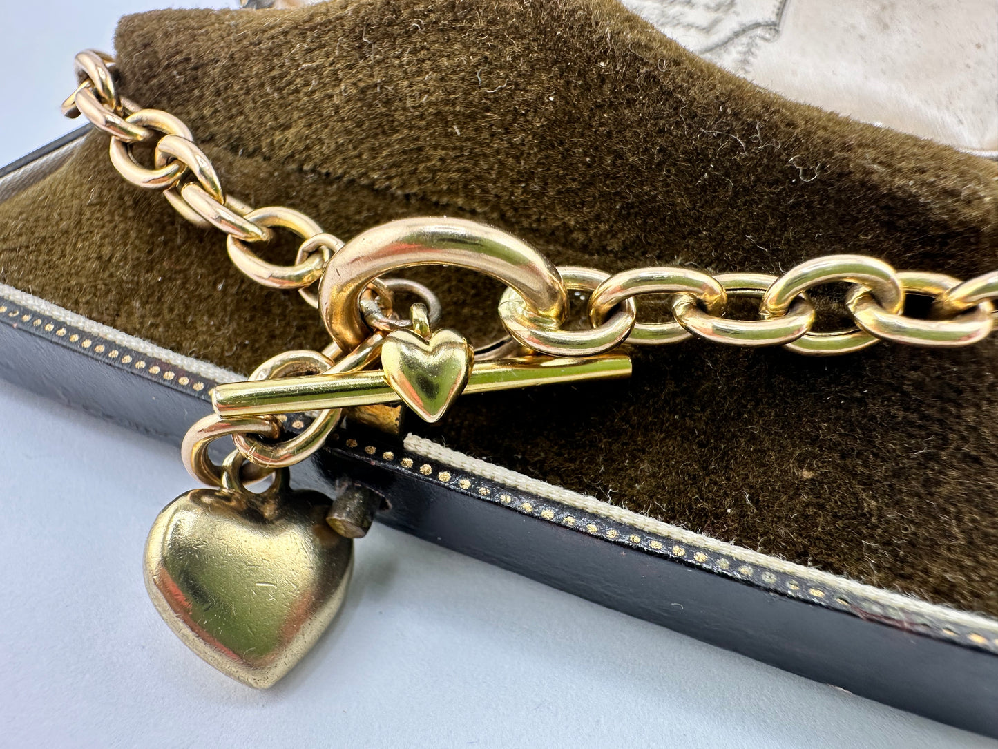 Vintage 9ct Gold Cable bracelet with heart toggle and heart t-bar