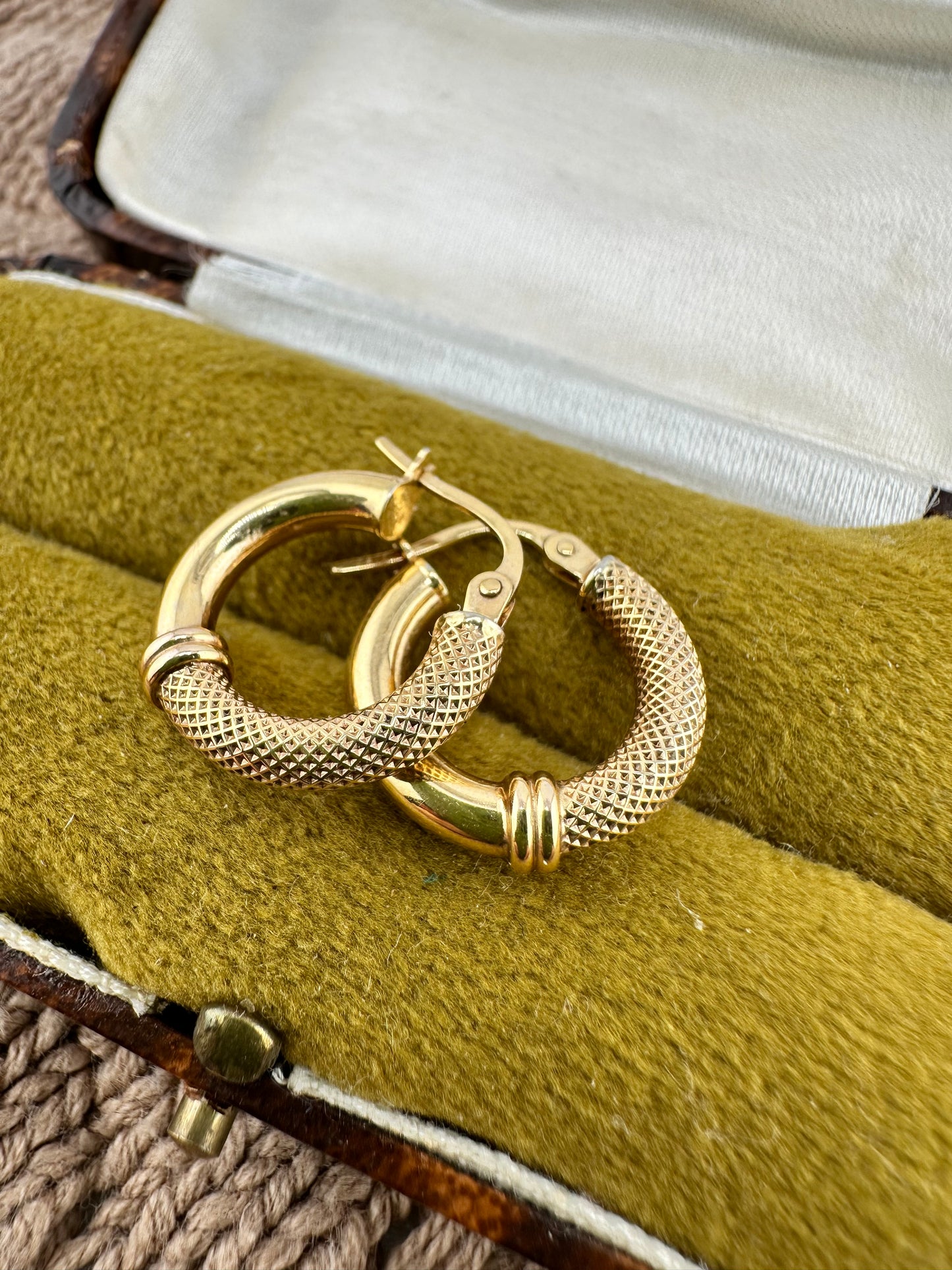 9ct Gold UnoAerre Small Round Hoops, half textured, half polished