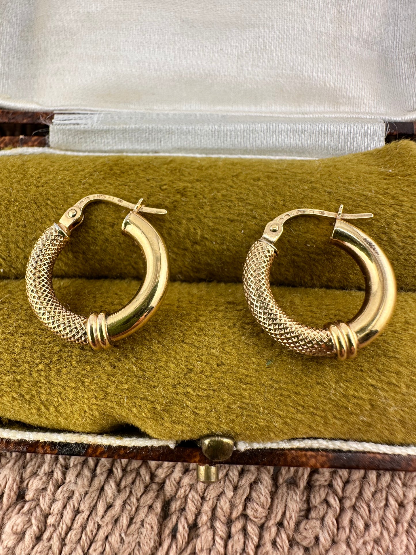 9ct Gold UnoAerre Small Round Hoops, half textured, half polished