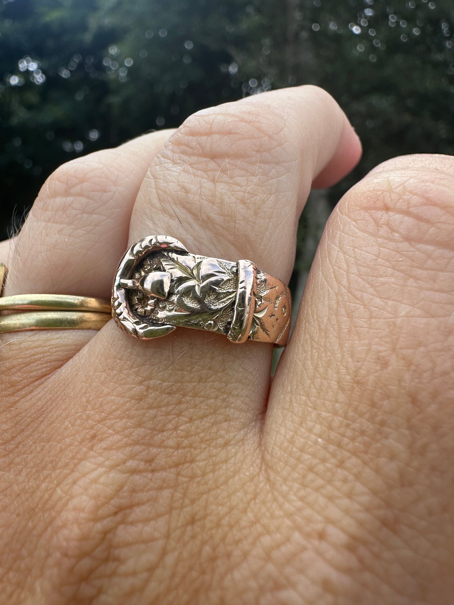 Antique 9ct Rose gold carved Buckle Ring
