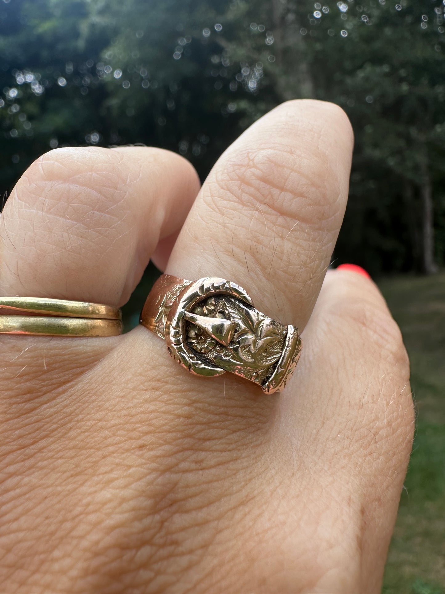 Antique 9ct Rose gold carved Buckle Ring