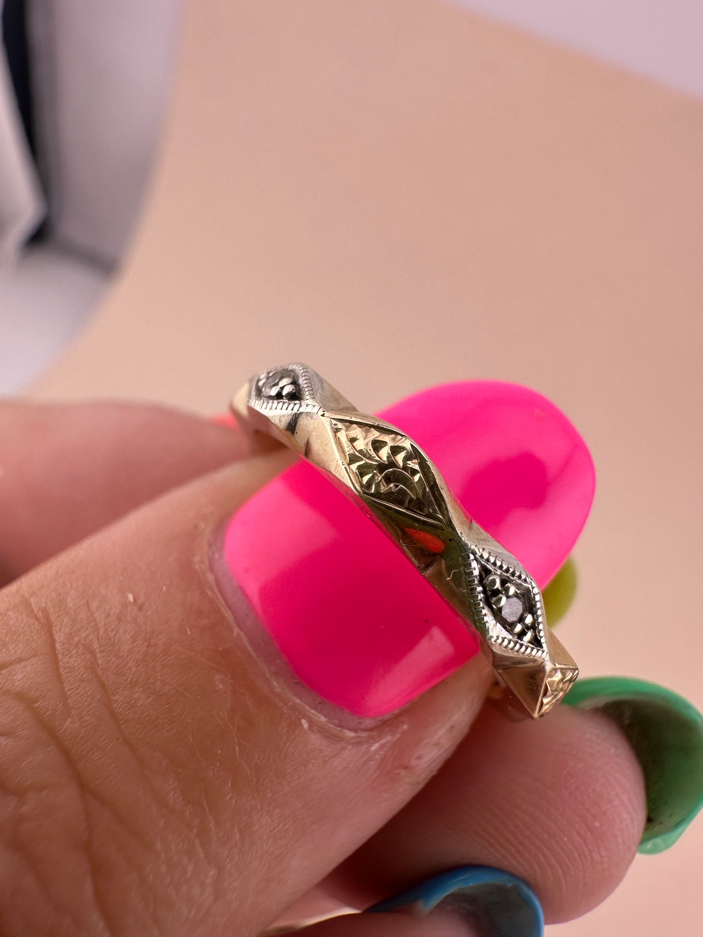 9ct two tone gold patterned ZigZag band with diamonds