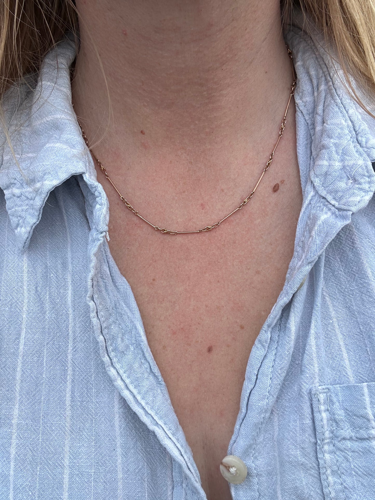 Antique 9ct rose gold bar and lovers knot chain