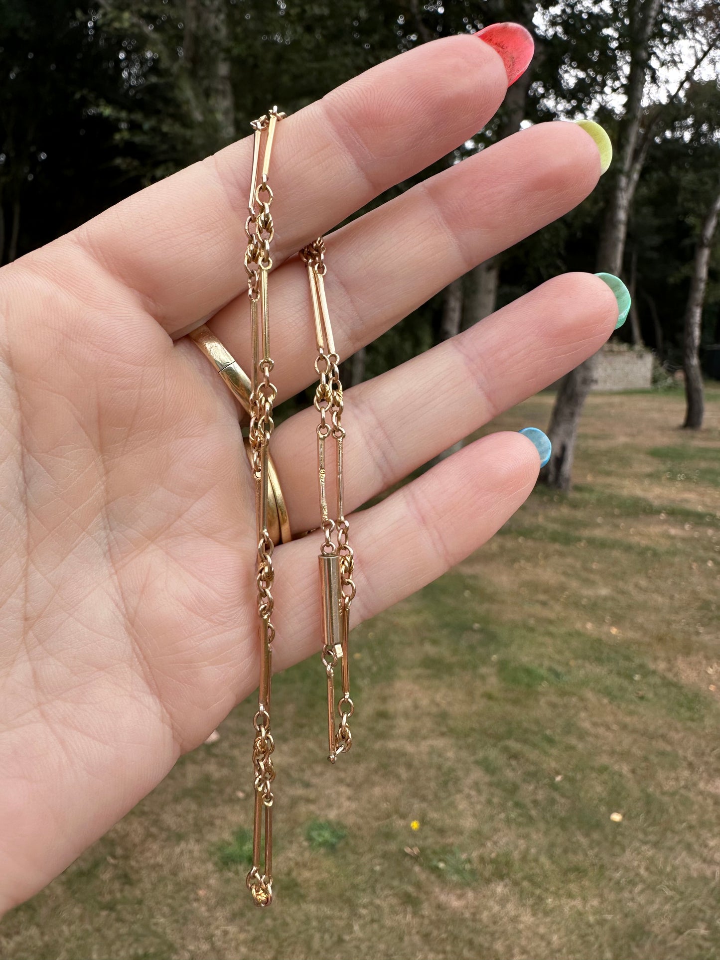 Antique 9ct rose gold bar and lovers knot chain