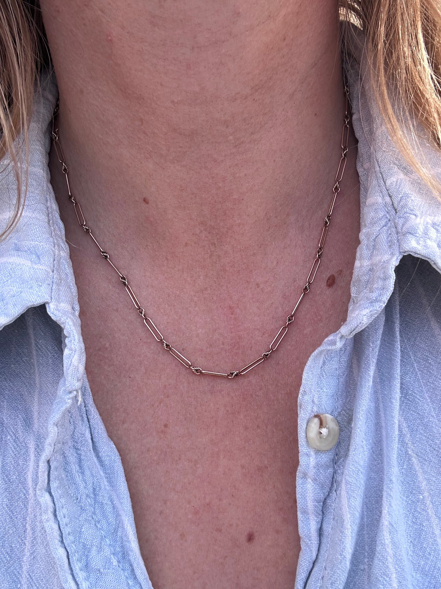 Antique 9ct Rose Gold mini trombone and lovers knot chain