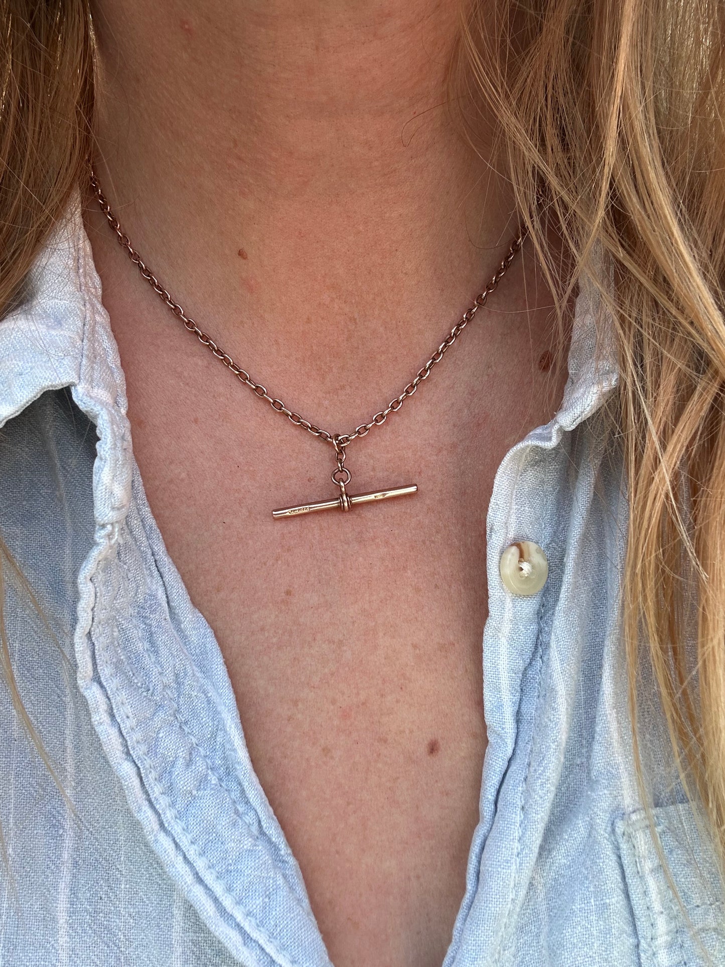 Reserved Belinda- Antique 9ct Rose Gold cable Albert chain with floating T-bar and double dog clips
