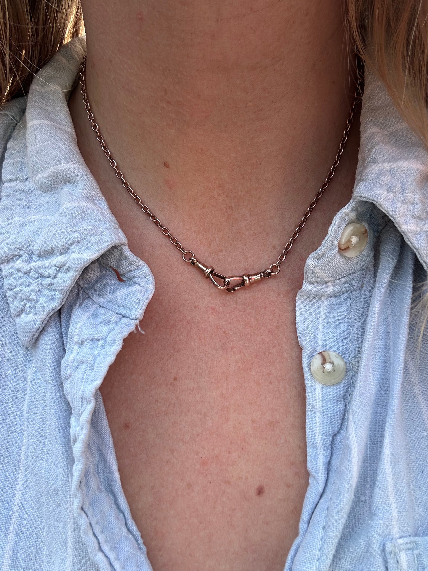 Reserved Belinda- Antique 9ct Rose Gold cable Albert chain with floating T-bar and double dog clips