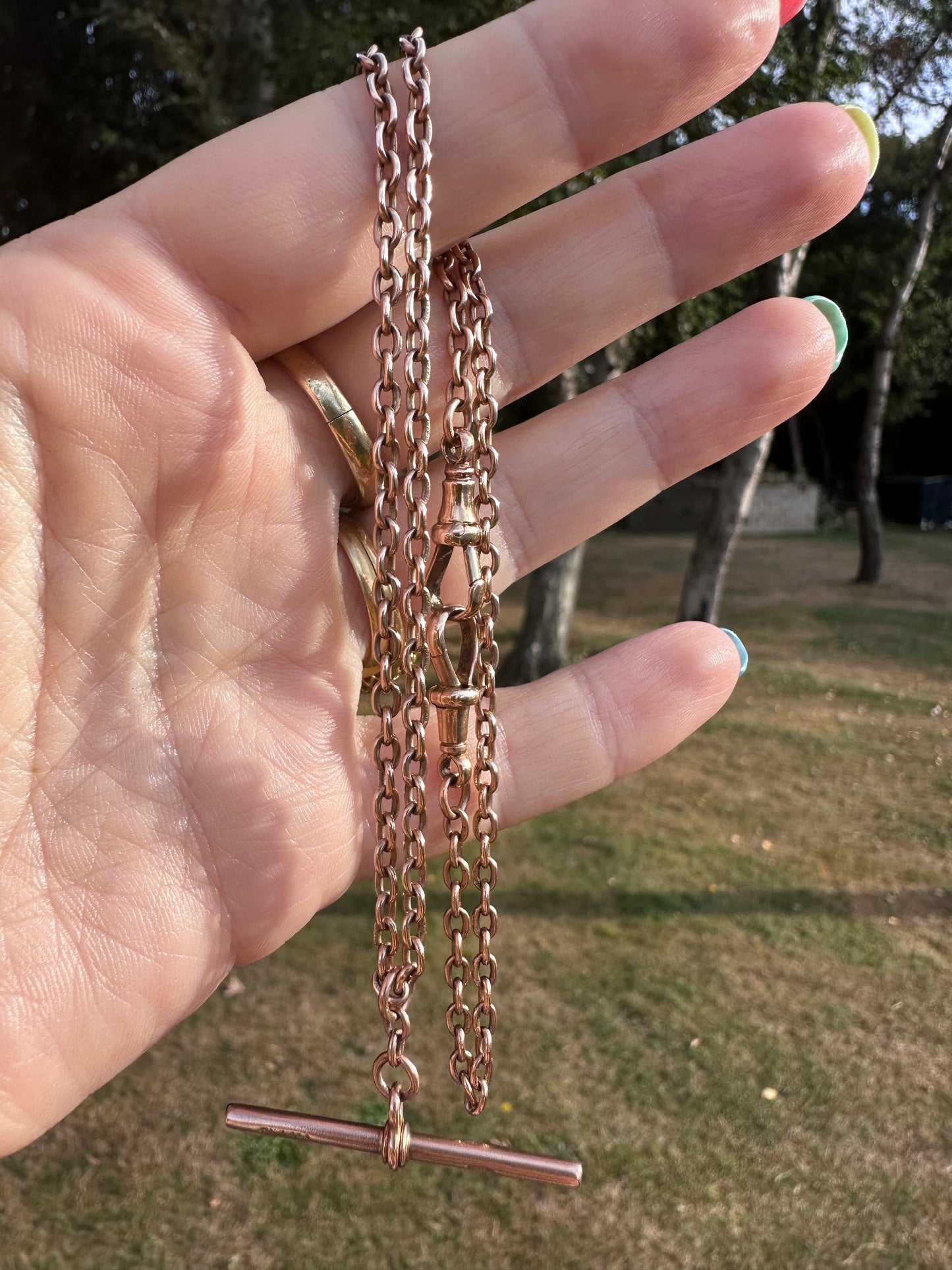Reserved Belinda- Antique 9ct Rose Gold cable Albert chain with floating T-bar and double dog clips