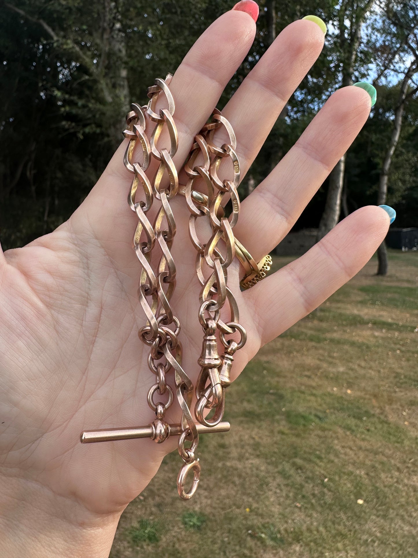 Antique 9ct Rose Gold Open Link Albert Chain with two dog clips, T-Bar and bolt