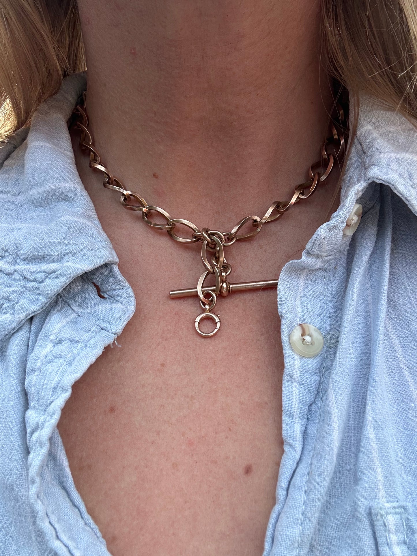 Antique 9ct Rose Gold Open Link Albert Chain with two dog clips, T-Bar and bolt