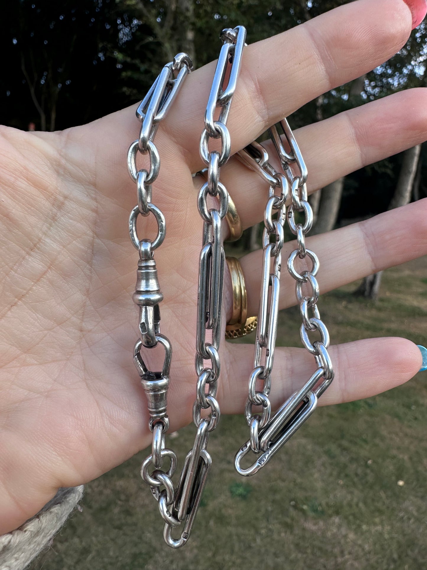 Antique Sterling Silver double Trombone chain with two dog clips