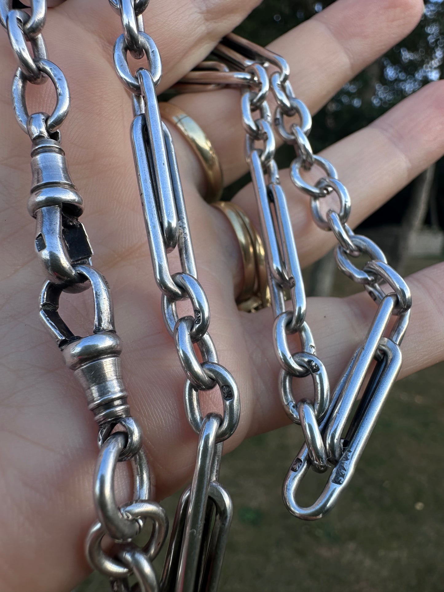 Antique Sterling Silver double Trombone chain with two dog clips